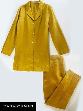 VTG Zara Woman Mustard Yellow 100% Ramie Pant Suit Long Jacket Slim Leg Size 8
